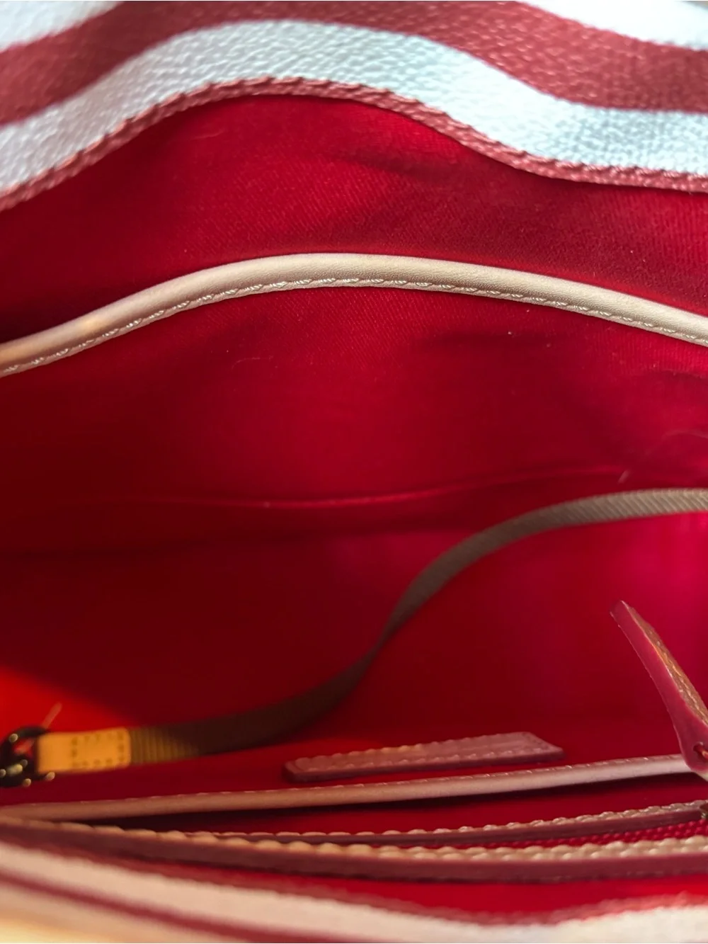 Dooney & Bourke Red and White Striped Shoulder/Messenger Bag with Tan Trim - Picture 5 of 8